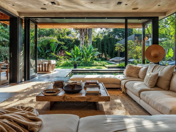A living room with floor-to-ceiling glass doors opens to a lush garden patio, exemplifying biophilic design and indoor-outdoor living (interior design trends 2025).