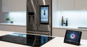 High-tech kitchen in China with touchscreen appliances and integrated smart lighting