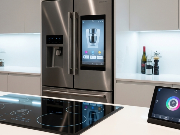 High-tech kitchen in China with touchscreen appliances and integrated smart lighting