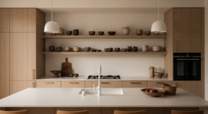 Modern kitchen in Japandi style with light wood cabinets, clean white countertops, simple pendant lighting, and open shelving displaying simple pottery.