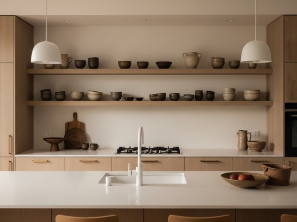 Modern kitchen in Japandi style with light wood cabinets, clean white countertops, simple pendant lighting, and open shelving displaying simple pottery.
