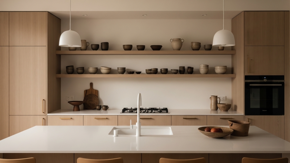 Modern kitchen in Japandi style with light wood cabinets, clean white countertops, simple pendant lighting, and open shelving displaying simple pottery.