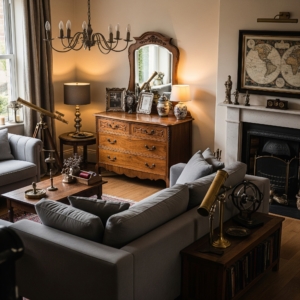 Modern living room with vintage furniture accents, including an antique wooden dresser and retro decor pieces that add character
