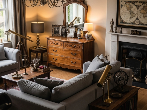 Modern living room with vintage furniture accents, including an antique wooden dresser and retro decor pieces that add character