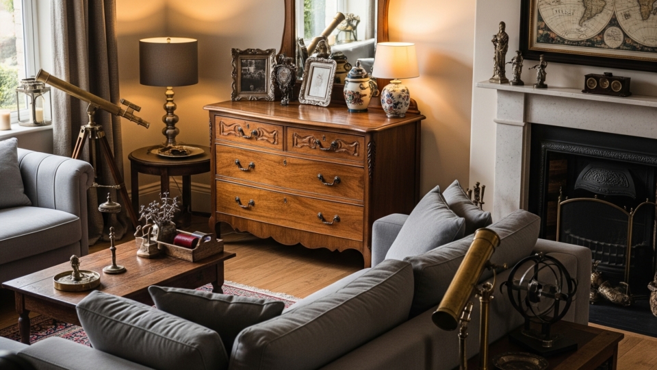 Modern living room with vintage furniture accents, including an antique wooden dresser and retro decor pieces that add character
