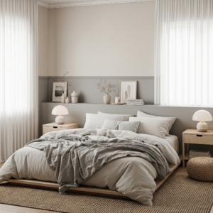 Calming Japandi style bedroom featuring a low platform bed, soft beige and gray color palette, simple wooden nightstands, and minimalist decor.