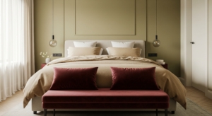 A contemporary bedroom featuring soft olive-green walls and linen bedding in sand and ivory tones. The bold accent comes from a pair of deep maroon (wine-red) velvet throw pillows and a matching bench, creating a rich focal point against the earthy palette.