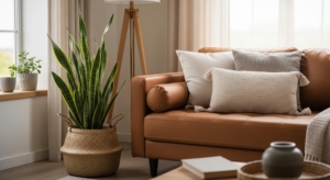 Cozy living room corner featuring a brown sofa with neutral cushions and a large potted plant in a woven basket, highlighting natural materials and greenery in décor.