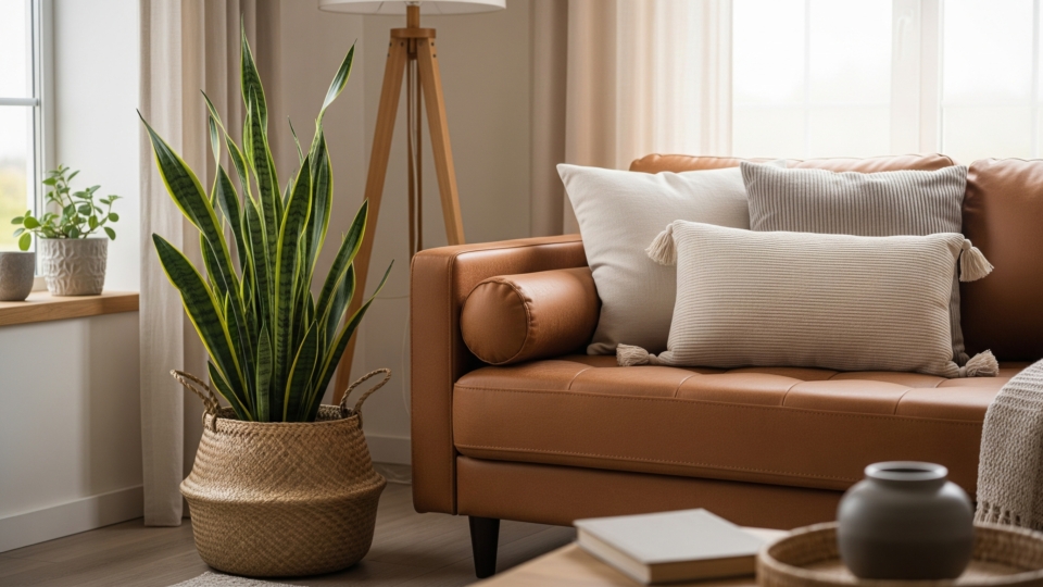 Interior Design Trends 2025: Why Sustainable Materials Are Trending This Year Cozy living room corner featuring a brown sofa with neutral cushions and a large potted plant in a woven basket, highlighting natural materials and greenery in décor.