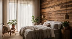 A modern bedroom in earthy tones with a reclaimed wood accent wall and soft linen bedding, creating a tranquil, nature-inspired retreat with sunlight filtering gently through sheer curtains.