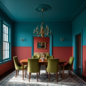  An eclectic dining room where a teal blue ceiling and upper walls meet deep terracotta red lower walls. Olive green dining chairs and a vintage brass chandelier tie together the unconventional red-and-blue scheme with an elegant twist.
