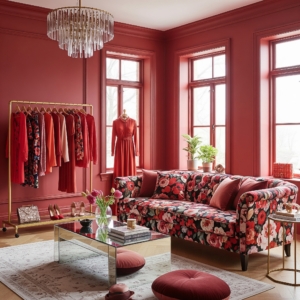 A glamorous living room inspired by fashion: a couch upholstered in fabric that mimics a high-fashion floral print, set against walls painted in a runway-inspired rich oxblood red. A gold clothing rack in the corner displays color-coordinated outfits, highlighting the link between wardrobe and decor.