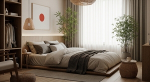 Japandi style minimalist bedroom featuring a low platform bed, cozy textiles, and indoor plants for a serene vibe.