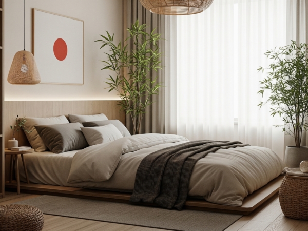 Japandi style minimalist bedroom featuring a low platform bed, cozy textiles, and indoor plants for a serene vibe.