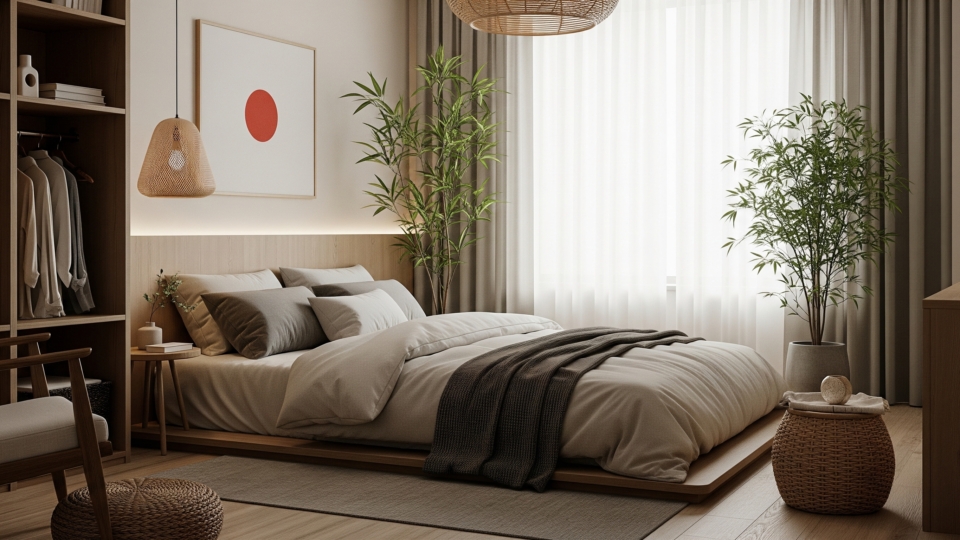 Interior Design Trends 2025: Incorporating Minimalist Style into Your Home Japandi style minimalist bedroom featuring a low platform bed, cozy textiles, and indoor plants for a serene vibe.