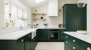 Kitchen remodel 2025 trend with green cabinets and brass hardware