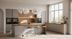 2025 kitchen design with statement pendant lighting and bright airy layout