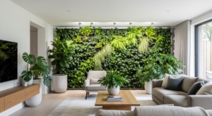 Living room filled with lush indoor plants, including a green wall and potted trees, bringing nature indoors