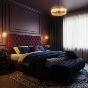 A luxurious bedroom with walls in dark eggplant purple and a tufted burgundy headboard. Accents of midnight blue and brass lighting create an intimate, jewel-toned retreat.