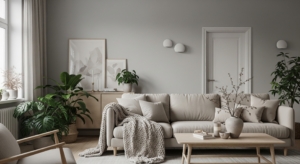 A serene minimalist living room layered with soft textures and neutral tones, featuring a cozy beige sofa, a chunky knitted throw, and indoor plants that bring a touch of nature indoors.