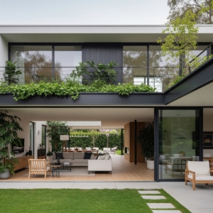 A modern home blurred the lines between inside and outside by integrating greenery and open sightlines into its layout. Large glass doors and interior plantings create a seamless flow with nature.