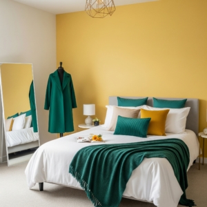 A modern bedroom with a boutique vibe: one wall is painted “butter yellow” (a shade trending on the runway), and the bed is dressed in pillows and throws matching the latest Pantone color forecasts. A mannequin draped in a stylish emerald-green coat stands by a full-length mirror, tying fashion directly into the room’s palette.