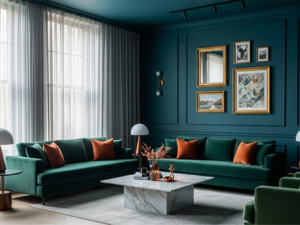 A moody contemporary living room painted in deep teal blue, featuring a plush emerald green velvet sofa and copper-orange throw pillows. Gold-framed art and a marble coffee table add elegance to the richly colored space.