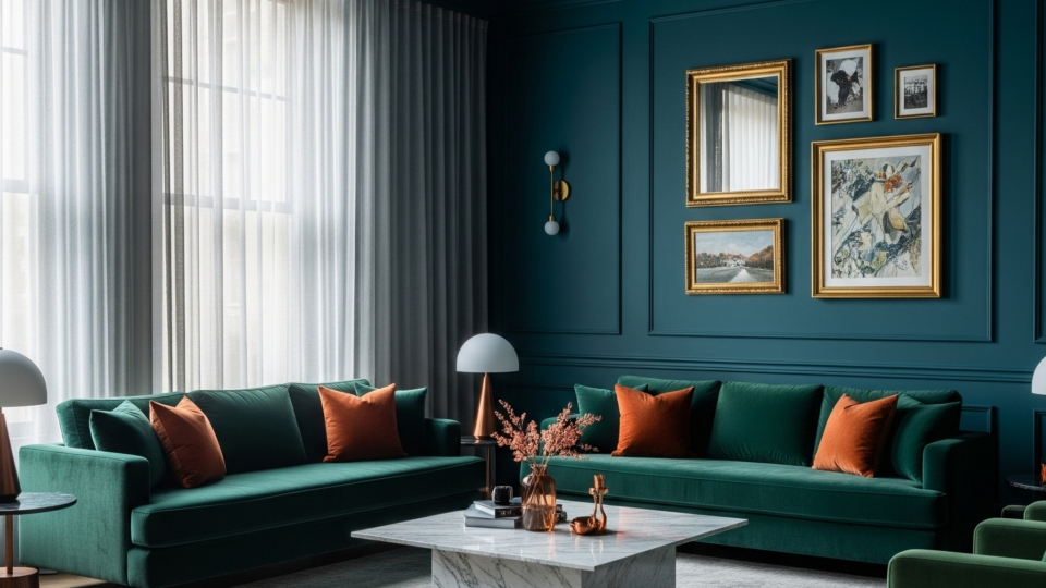 A moody contemporary living room painted in deep teal blue, featuring a plush emerald green velvet sofa and copper-orange throw pillows. Gold-framed art and a marble coffee table add elegance to the richly colored space.
