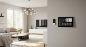 Modern living room with built-in smart home control panel and minimalistic decor