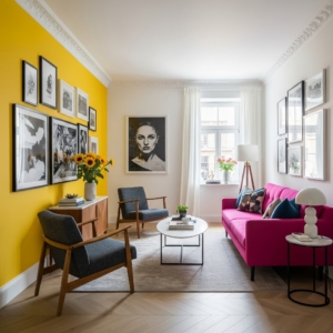 A chic living room showcasing an unexpected palette: one wall painted sunflower yellow and a couch upholstered in bright fuchsia pink. A gallery of black-and-white artwork and a neutral rug help balance these bold, contrasting colors.