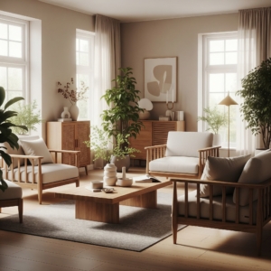 Sunlit living room designed in Japandi style with low-line wooden furniture, neutral-toned decor, and green plants creating a serene atmosphere.