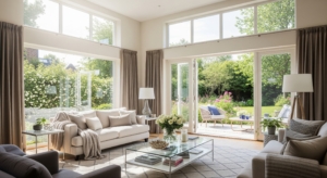Bright open-plan interior with floor-to-ceiling windows letting in abundant natural light and fresh air
