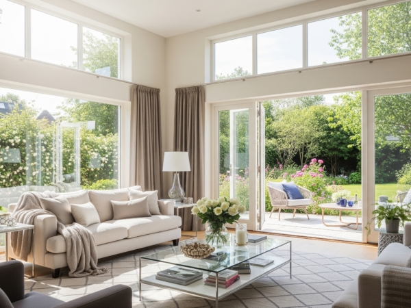 Bright open-plan interior with floor-to-ceiling windows letting in abundant natural light and fresh air