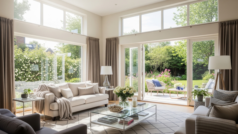 How Are Biophilic Design Elements Shaping Homes in 2025? Bright open-plan interior with floor-to-ceiling windows letting in abundant natural light and fresh air