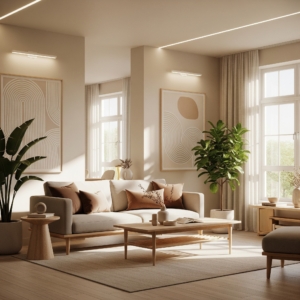 Bright, warm minimalist living room in 2025 with neutral beige tones, natural wood furniture, and plenty of sunlight.