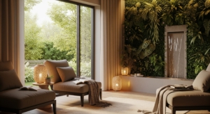 Cozy reading nook with natural wood accents, potted plants, and soft lighting for relaxation.